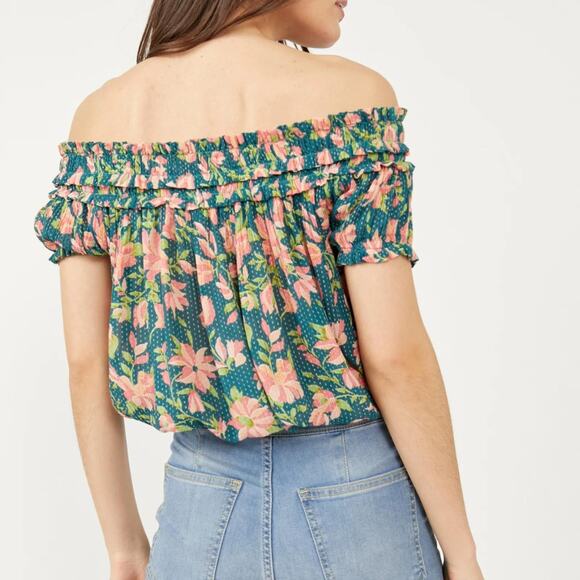 FREE PEOPLE Green Suki Floral Garden Combo Off the Shoulder Top Medium NEW - Picture 4 of 16